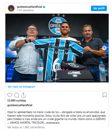 Publicação do atleta nas redes sociais. Foto: Instagram oficial Cuéllar