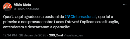 Mensagem do presidente do Vitória para o Inter. Foto: X oficial Fábio Mota