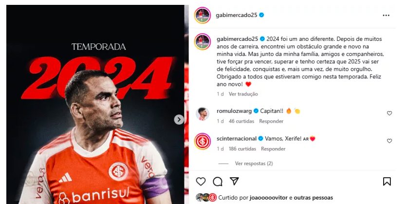 Postagem do zagueiro. Foto: Reprodução Gabriel Mercado/Instagram
