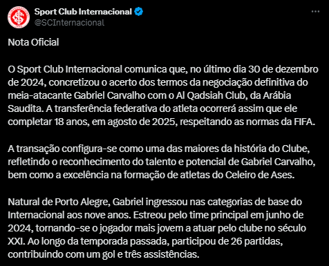 Publicação do Internacional. Foto: Reprodução Twitter/SCI
