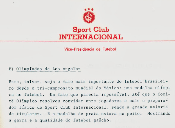 Trecho do relatório de atividades do departamento de futebol em 1984. Foto: Memória do Inter