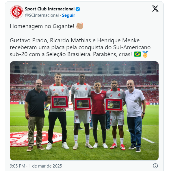 Homenagem no Internacional. Foto Reprodução Internacional